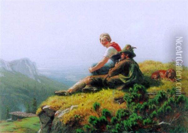 Junges Paar Mit Hund Auf Der Alp Oil Painting - Franz Leinecker