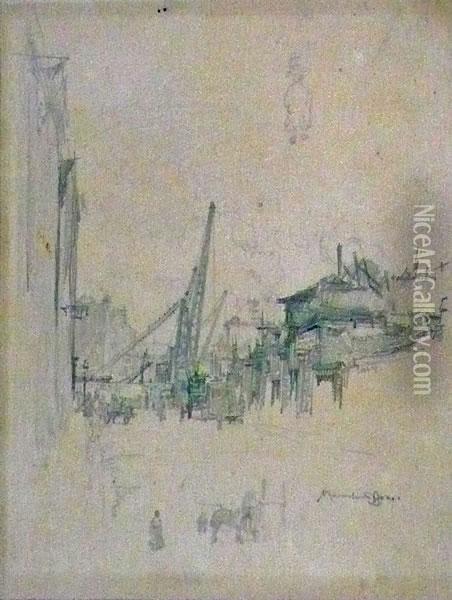 Pencil Street Scene With A Sheerleg Crane. Oil Painting - Muirhead Bone