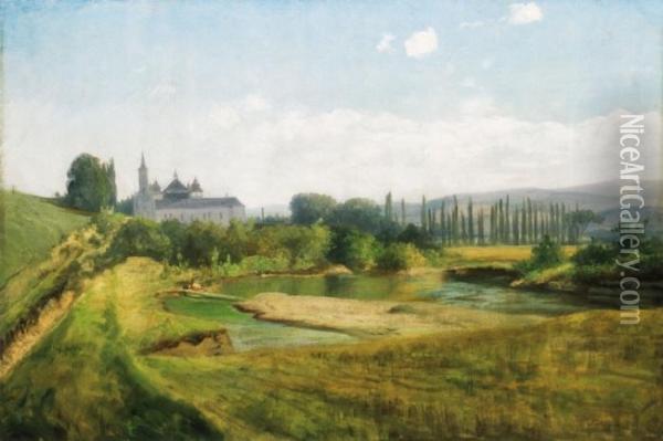 Riverside Landscape With A Castle Oil Painting - Karoly Telepy