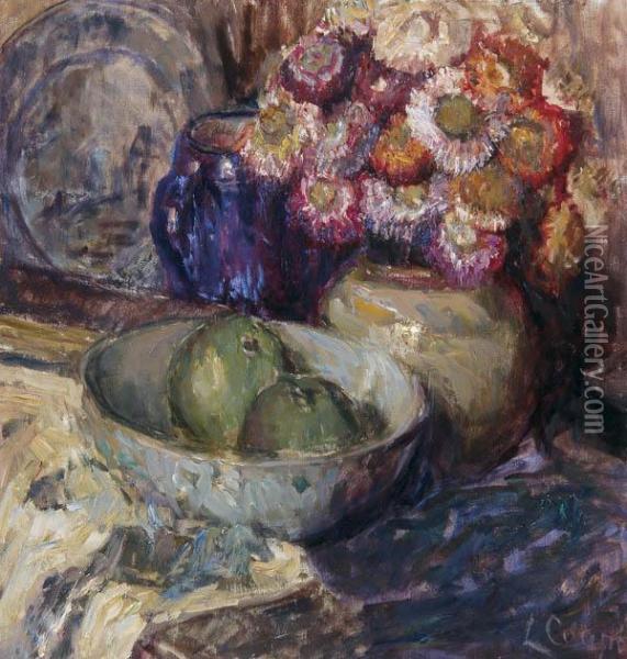 Floral Still Life With Fruit Oil Painting - Louise Coupe