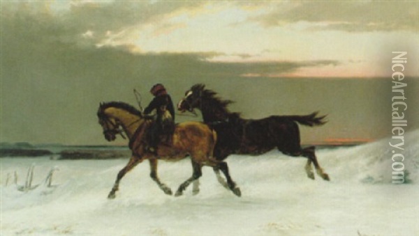 Till Hast I Skymning, Vinter Oil Painting - Bengt-Johan-Gustaf Brandelius