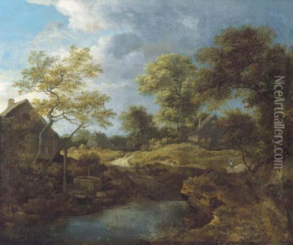 A Wooded River Landscape With Travellers On A Track By Ahamlet Oil Painting - Jacob Van Ruisdael