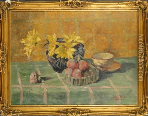 Nature Morte A La Tasse, Aux Fleurs Et Aux Fruits Oil Painting - Ernest Midy