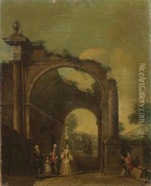 Figures Among Classical Ruins Oil Painting - Francesco Battaglioli