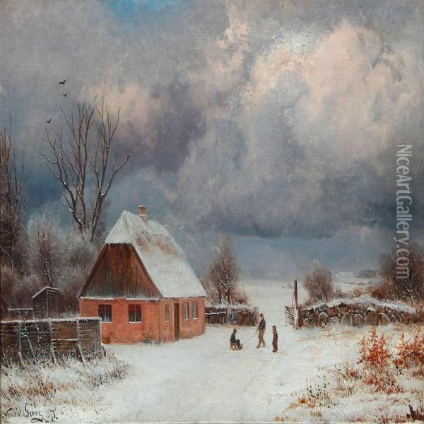 Winter Day With Children Playing In Front Of A Farmhouse Oil Painting - Nordahl Peter Frederik Grove