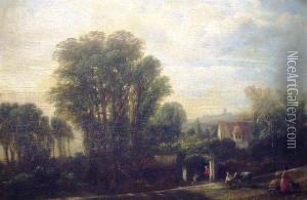 Stubborn Donkey And Figures By A Cottage Oil Painting - Henry Wallis