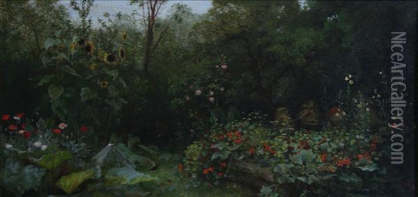 A Gardenscene With Sunflowers, Nasturtiums, Poppies, Beehives And Coldframe Oil Painting - Edmund Blair Blair Leighton