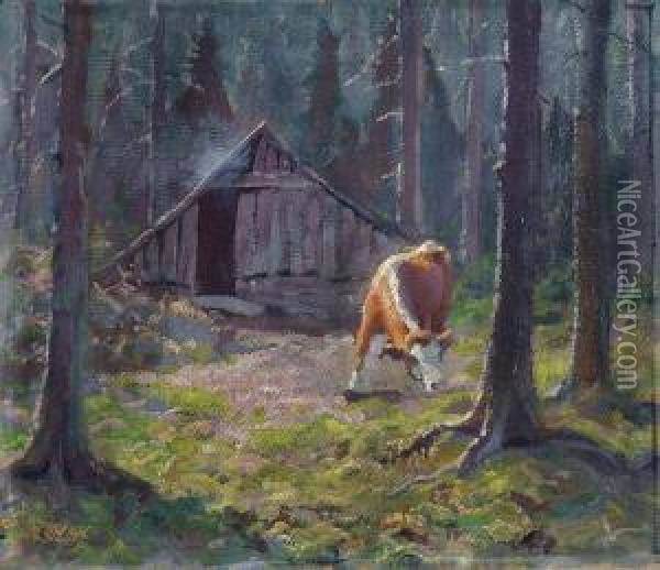 Pejzaz Lesny Z Krowa Oil Painting - Zefiryn Cwiklinski