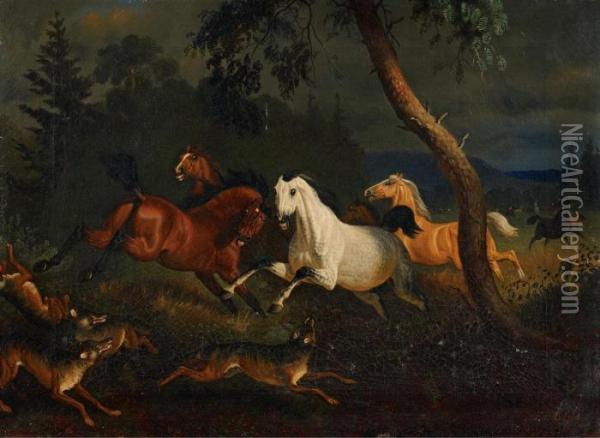 Wildpferde Und Wolfe Oil Painting - Friedrich Anton Kilp