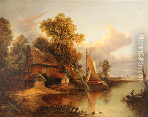 A Cottage By A River With Boats And Figures Oil Painting - Joseph Paul