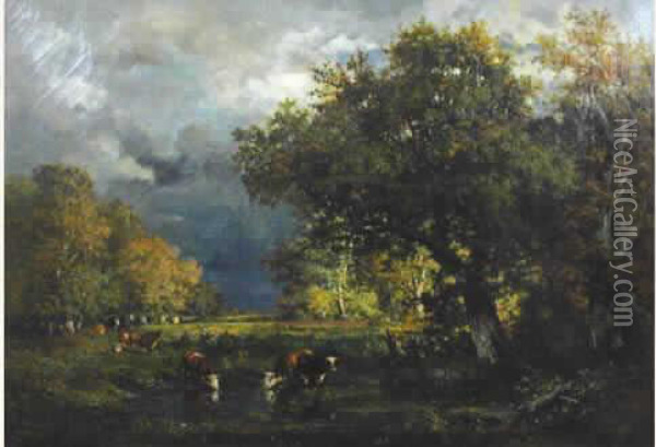 Vaches A La Mare Dans La Foret De Fontainebleau. Oil Painting - Francois Auguste Ortmans