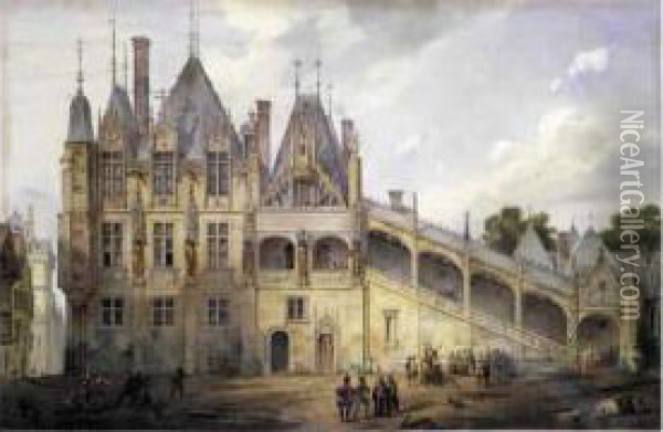 Vue De L'ancienne Chambre Des Comptes A Paris. Oil Painting - Eugene Viollet-Le-Duc