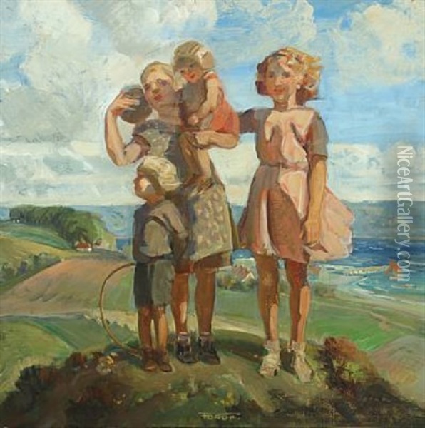 Hilltop With Siblings, In The Background View Over The Sea Oil Painting - Carl Forup