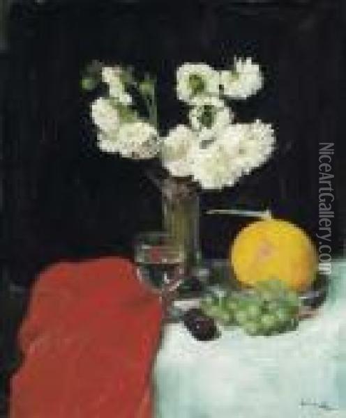 Still Life Of Dahlias, A Wine Glass And Melon Oil Painting - George Leslie Hunter