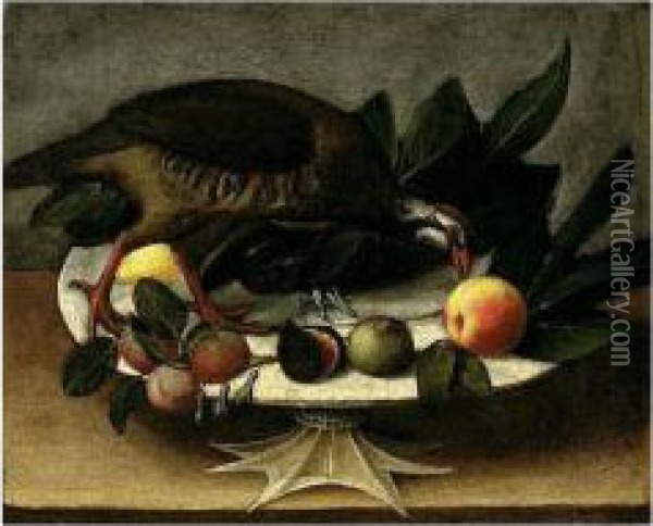 A Still Life Of Figs, Plums And A Peach, On A Footed Dish, With A Partridge Oil Painting - Orsola Maddalena Caccia