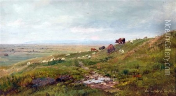 Cattle And Sheep In Hilly Landscape Oil Painting - William Luker Sr.