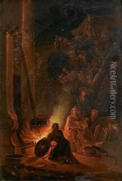 Figures Seated Before A Campfire Oil Painting - Johann Georg Trautmann