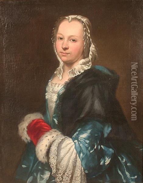 Portrait, Half Length, Of A Lady
 In A Blue Dress, Black Shawl And Fur Trimmed Red Velvet Muff Oil Painting - Louis Tocque