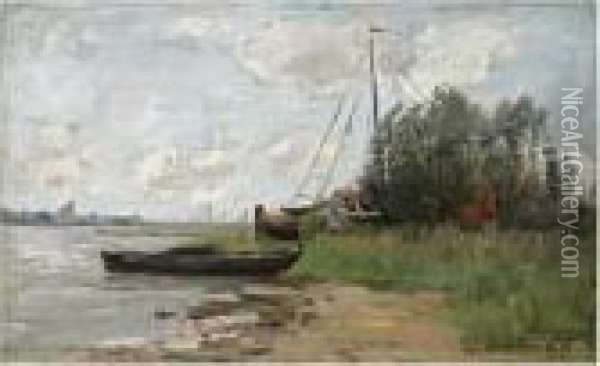 On The Riverbank Near Gorkum Oil Painting - Theophile Emile Achille De Bock