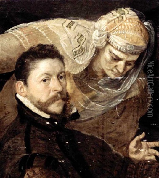 Portrait Of An Artist, Head And Shoulders, With A Muse Watching Over His Shoulder Oil Painting - Frans Floris the Elder