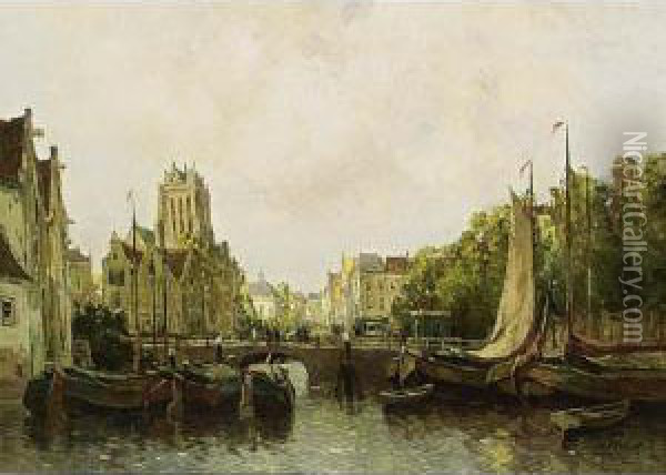 A View Of Dordrecht Oil Painting - Gerardus Johannes Delfgaauw