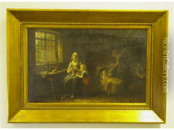 Dutch Interior With Women And Children Oil Painting - J.J.M. Damschroeder