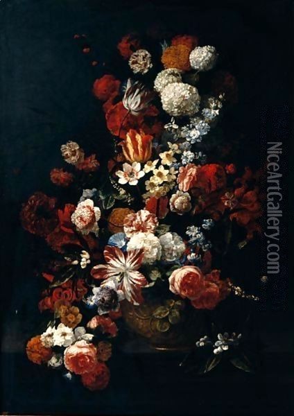 Still Life Of Tulips, Roses, Narcissi, Chrysanthemums, Carnations, Orange Blossom And Irises In A Gilt Urn, Placed Upon A Table-Top Oil Painting - Hieronymus Galle I