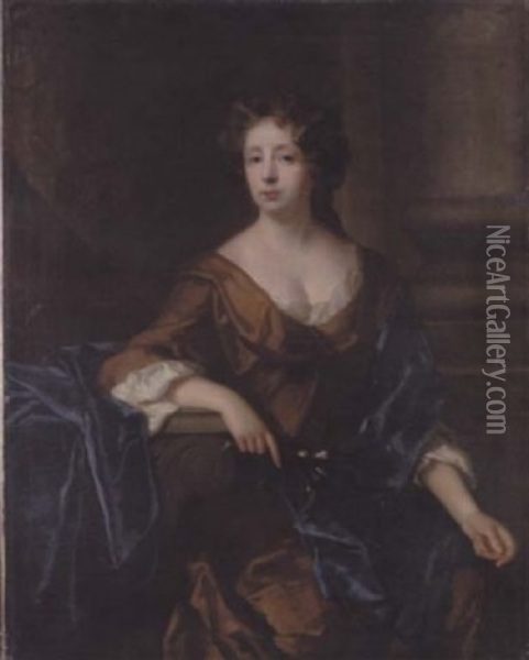 Portrait Of A Lady (lady Fanshawe?) In A Brown Dress With A Blue Shawl, Holding A Posy, Before A Column Oil Painting - John Riley