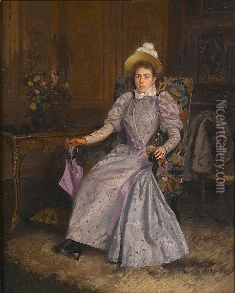 In A Mauve Dress Oil Painting - Basile Lemeunier