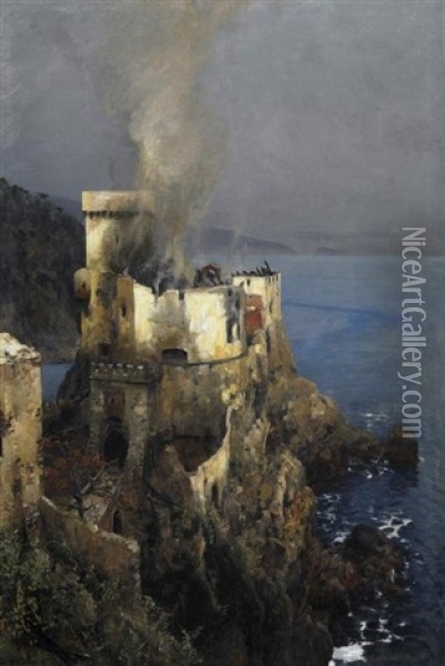 Finale An Der Italienischen Riviera. Die Brennende Buraganlage Auf Der Felsnadel Am Meer Oil Painting - Eugen Felix Prosper Bracht