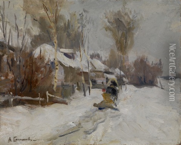 Winter Scene With Horse Sledge Oil Painting - Aleksei Stepanovich Stepanov