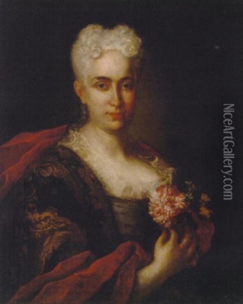 Portrait Of A Lady In A Blue Dress With Gold Brocade And A Crimson Wrap, Holding A Carnation Oil Painting - Vittore Giuseppe Ghislandi (Fra' Galgario)