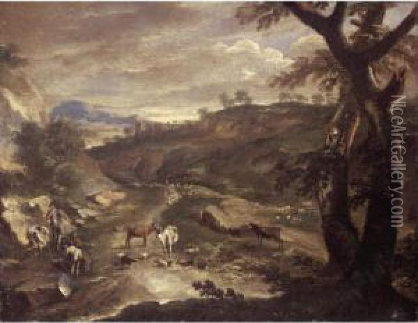 An Italianate Landscape With Drovers And Their Animals Beside A Road Oil Painting - Johann Eismann