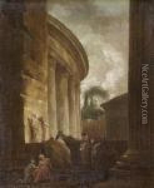 Caprice Architectural Inspire Du Tempietto Di San Pietro Inmontorio A Rome Oil Painting - Hubert Robert