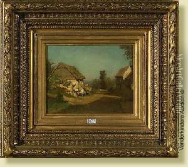 Le Dechargement Du Foin A La Grange Oil Painting - Edouard Frere