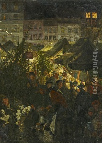 Abendstimmung Am Berliner Weihnachtsmarkt Oil Painting - Georg Schoebel