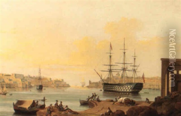 H.m.s. Howe In Grand Harbour, Valetta, Malta Oil Painting - Giovanni Jean Schranz