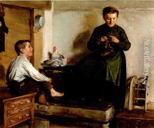 Darning The Sock Oil Painting - Fritz (Friedrich) Stirnimann