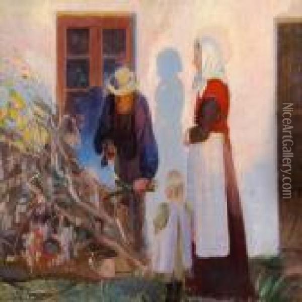 A Family From Skagen Iscutting Boughs Outside A House Oil Painting - Anna Ancher