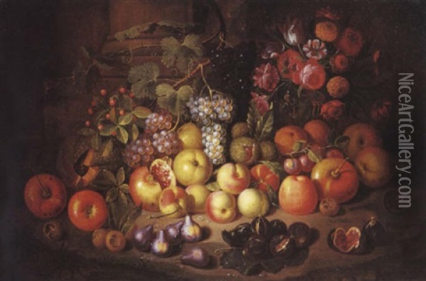 Nature Morte De Fleurs Et De Fruits Sur Un Entablement Oil Painting - Giuseppe Ruoppolo