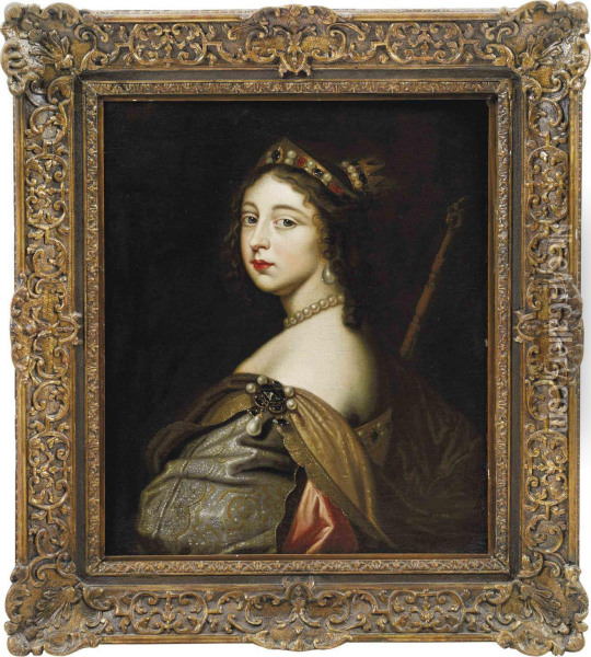 Portrait Of A Lady, Bust-length, In An Embroidered Gown Withpearls, A Staff By Her Right Shoulder Oil Painting - Jan De Bray