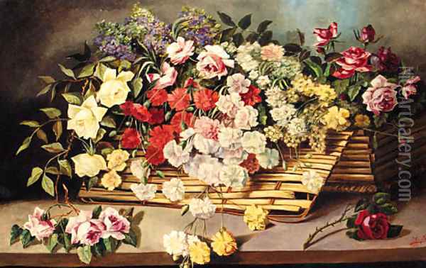 Carnations, Roses And Lilac In A Wicker Basket On A Table Oil Painting - Josef Kugler