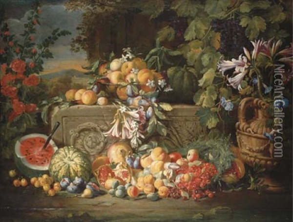 A Watermelon, Cherries, Peaches, Apricots, Plums, Pomegranate And Figs With Lilies, Roses, Morning Glory And Other Flowers On An Acanthus Stone Relief, A Mountainous Landscape Beyond Oil Painting - Abraham Brueghel