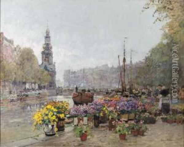 The Flower Market Along The Singel, Amsterdam, With The Munttorenbeyond Oil Painting - Hans Herrmann