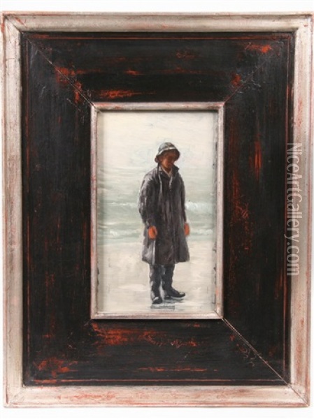 Fisherman On Stormy Beach Oil Painting - William Partridge Burpee