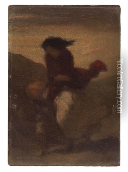Course Au Bord De La Mer - Un Coup De Vent Oil Painting - Honore Daumier