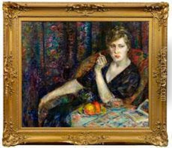 Rauchende Mondane Dame Mit Zigarette Oil Painting - Gustav Schraegle
