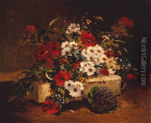Poppies, Daisies and summer grass on a stone plinth Oil Painting - Eugene Henri Cauchois