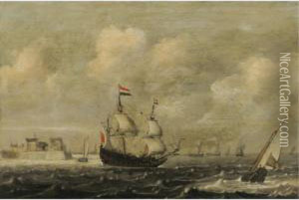 A Dutch Threemaster Before Fort Rammekens, Off The Coast Of Vlissingen Oil Painting - Claes Claesz. Wou