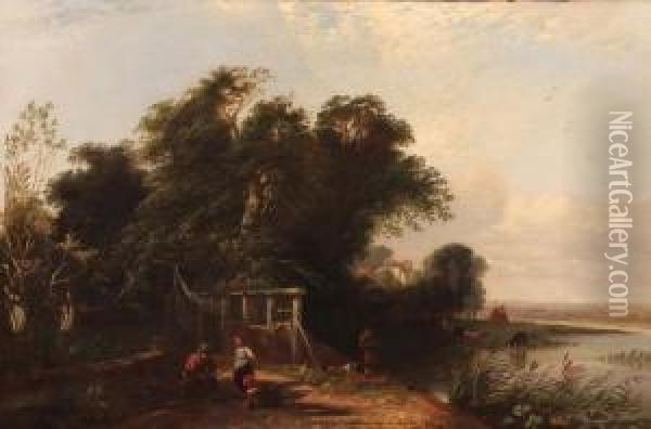 East Anglian River View With Figures By A Loch Oil Painting - Edwin H., Boddington Jnr.